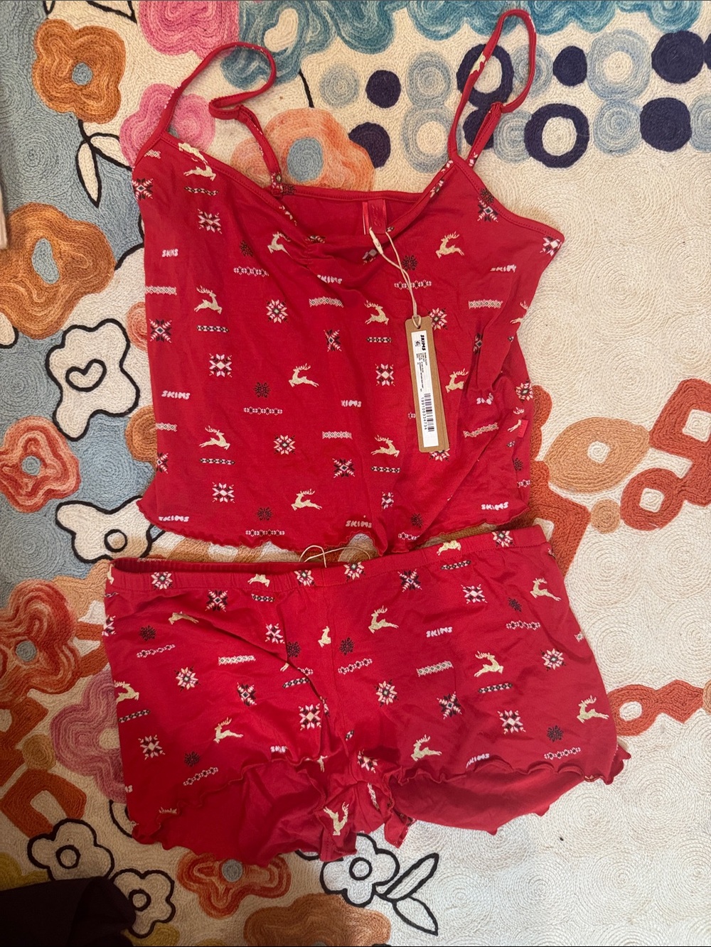SKIMS Red Holiday Print Cami and Short Pajama Set